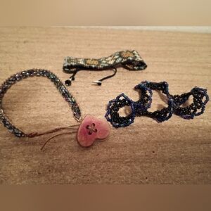 Native American Pink Heart Button & Beaded Bracelets Set